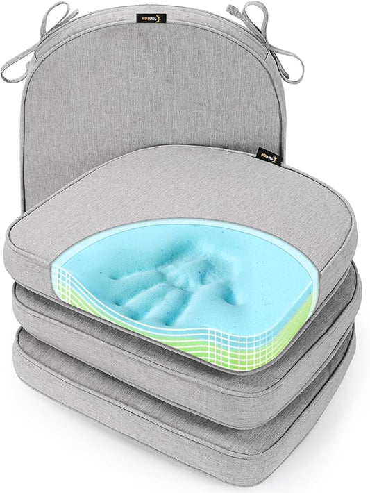 SUNROX Gel Memory Foam Chair Cushions, FadeShield Water-, Stain-Resistant Durable Reversible Seat Cushion Pads with Ties for Indoor/Outdoor Kitchen Dining Office, 19"x19", Set of 4, Heather Grey-VerdiqueGarden