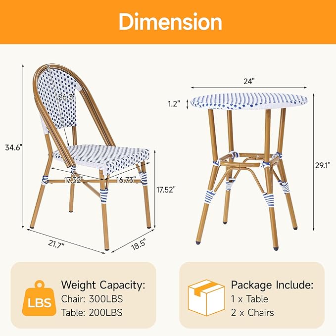 3 Piece French Wicker Bistro Set, Patio Bistro Set with Table and 2 Dining Chairs, All Weather ‎Outdoor ‎Bistro Set with Aluminum Frame, Outdoor Patio Set for Patio Porch Cafes Yard, Navy and White-VerdiqueGarden