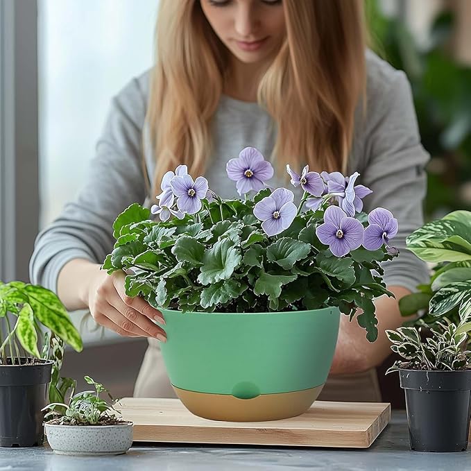 10 Inch Pots for Indoor Plants, Large Self Watering Planters with Drainage and Saucers, Plastic Outdoor Flower Pot, Set of 2, Green-VerdiqueGarden