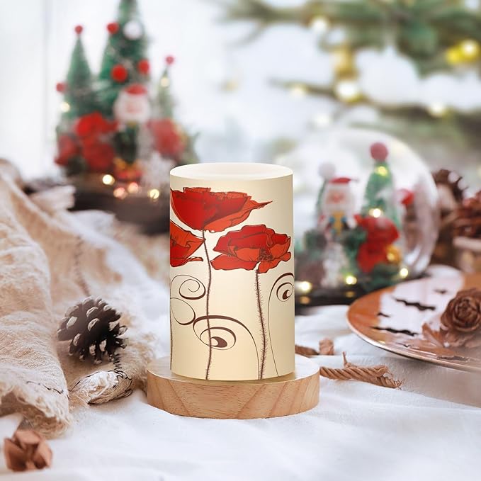 Flickering Flameless Candles, Red Poppy Flowers Retro LED Candles with Remote Timer, Set of 2 Battery Operated Candle for Valentine Wedding Birthday-VerdiqueGarden