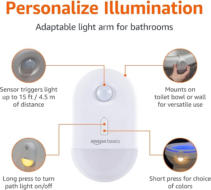 Amazon Basics Color Changing LED Toilet Bowl Motion Sensor Light, Battery Operated, 2 Pack, White-VerdiqueGarden