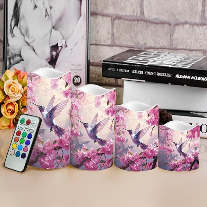 Ystardream Hummingbird Operated Candles with Flickering Flame Flameless Taper Candles Flickering Peach Blossom Operated Electric Pillar Candle LED Candle for Indoor Outdoor Home Decor-VerdiqueGarden