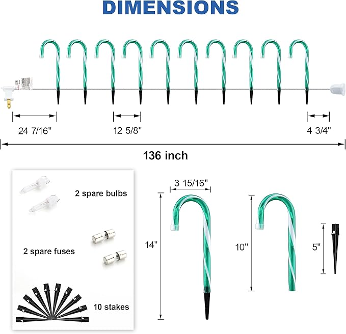 10" Christmas Candy Cane Lights - Set of 10 Pathway Markers Christmas Outdoor Yard Decorations, Green Xmas Candy Cane Stake Lights for Lawn, Walkway, Garden, Xmas Party Indoor Ornaments-VerdiqueGarden