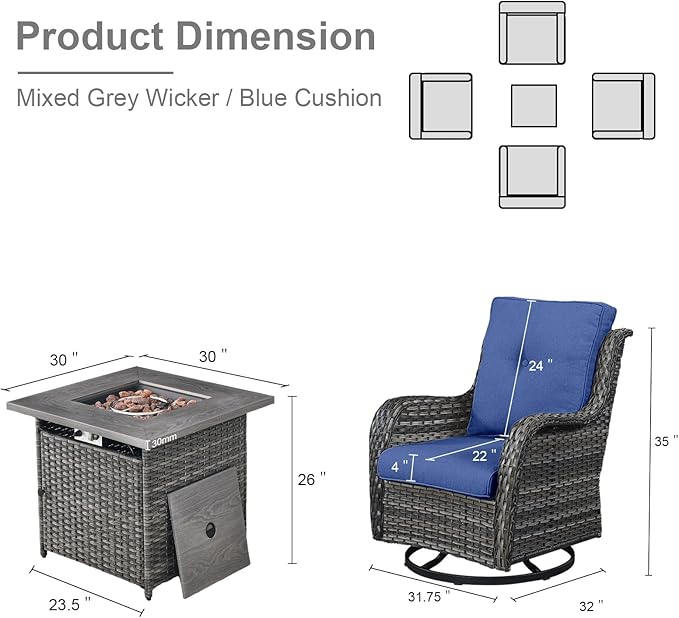 5 Pieces Patio Wicker Furniture Set - 4 Outdoor Swivel Rocker Glider Chairs with Propane Fire Pit Table, Patio Conversation Set Blue Cushion Perfect for Casual Gathering-VerdiqueGarden
