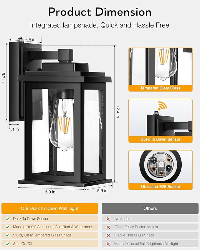 VIANIS Black Dusk to Dawn Outdoor Lights for House, 2 Pack Outdoor Wall Lights, Waterproof Porch Lights, Exterior Lighting Fixtures with Tempered Glass, for Porch, Garage, Doorway,Hardwired, Non-solar-VerdiqueGarden