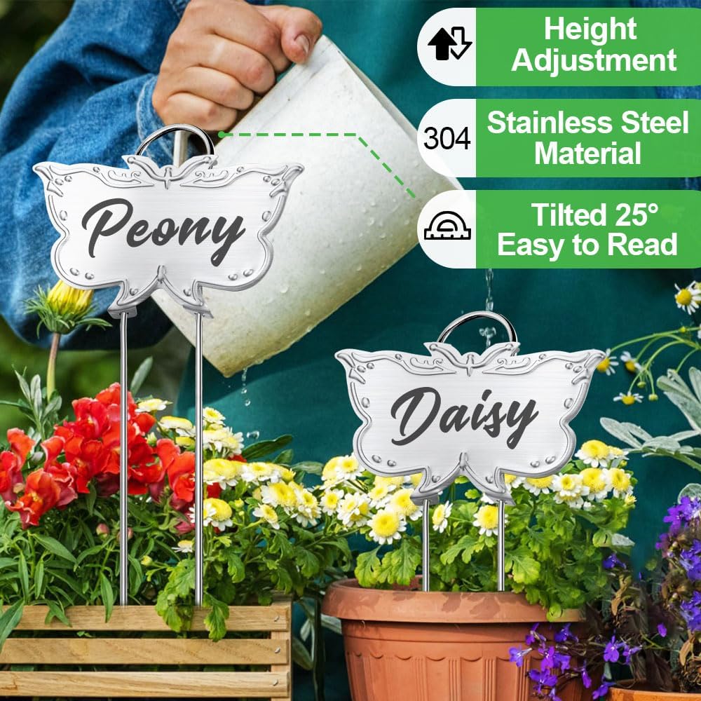 Metal Plant Labels, Tall Outdoor Butterfly Garden Markers for Flowers, Fruits and Vegetables, 304 Stainless Steel Weatherproof Signs (25 Packs, 4" x 2.3", Silver Butterfly Design)-VerdiqueGarden