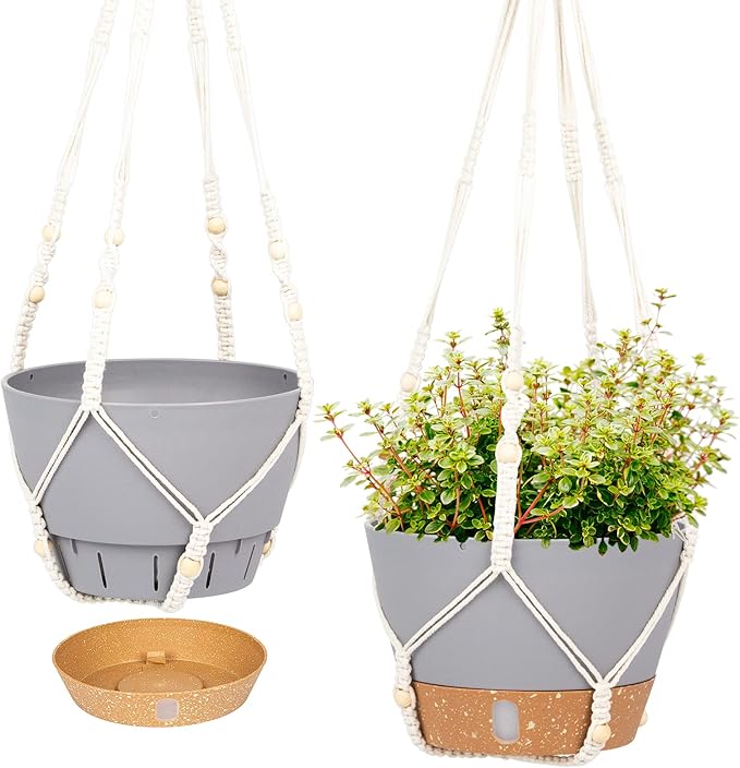 QCQHDU 2 Pack Hanging Planters for Indoor Plants, Outdoor Hanging Baskets, Self Watering Pots with Drainage Holes & Removable Tray (Light Grey, 10 inch, Macrame Hanger)-VerdiqueGarden