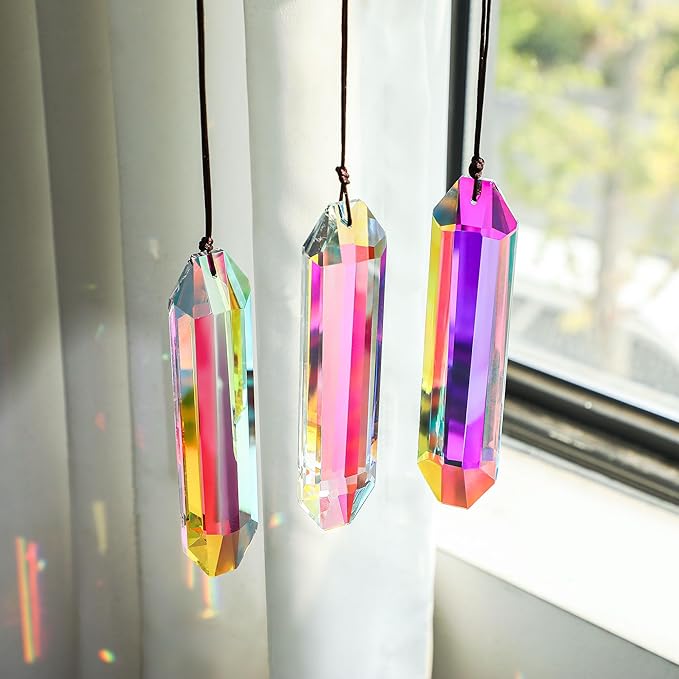 HDCRYSTALGIFTS 3 Pack 5" Large Crystal Sun Catcher Prisms for Windows, AB Colored Suncatcher Crystals Window Indoor Hanging Rainbow Maker Prisms for Home Garden Decor-VerdiqueGarden