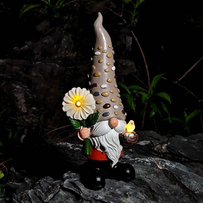 12 Inch Solar Garden Gnome Statue Clearance with Sunflower and Bird's Nest Light – Outdoor High Hat Gnome Sculpture Outdoor Statue for Patio and Garden Decor – Figurine Gift for Gnome Lovers-VerdiqueGarden