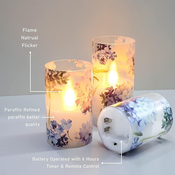 Floral Flameless Candles Decorative Battery Operated with Remote Hydrangea Flowers Romantic Lovers Flickering Pillar Candles for Wedding Tray Centerpiece Home Decor-VerdiqueGarden