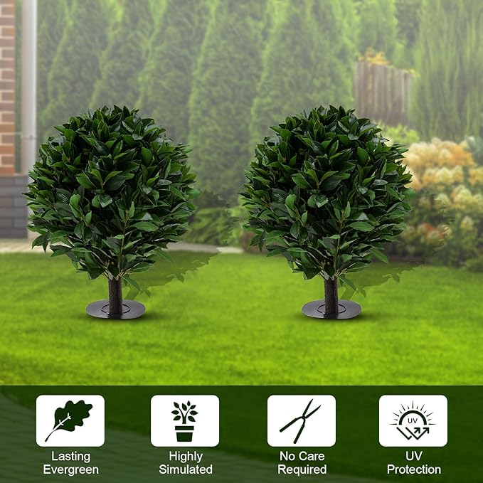 24" Outdoor Evergreens in Outdoor Artificial Shrub Potted Plant Plant for Indoor Porch of Home and Office 2 Pieces a Set Topiary Trees Faux Boxwood with Spike. Easy to Push in The Ground-VerdiqueGarden