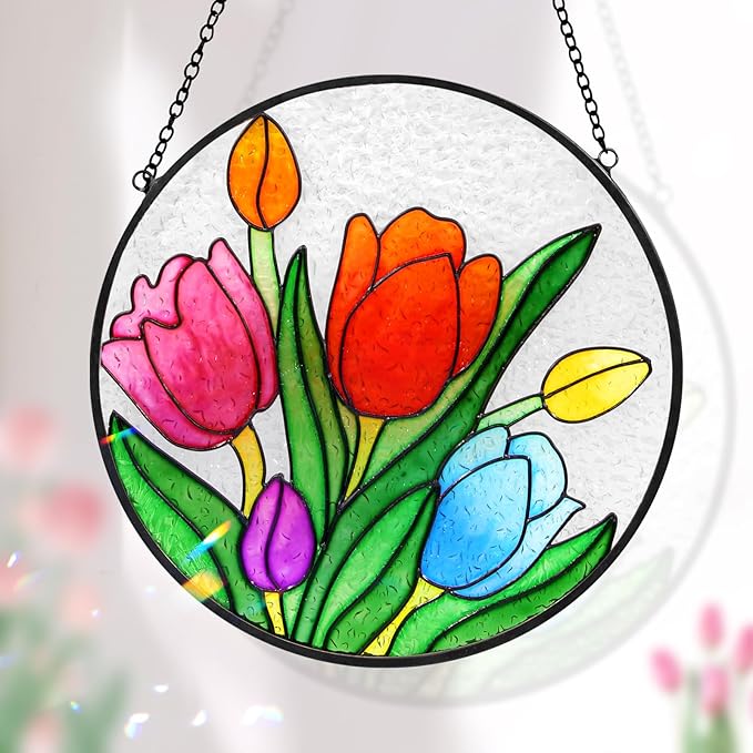 Tuitessine Tulip Suncatcher Stained Glass Window Hanging Panels, 6.3''x6.3'' Round Handmade Hanging Ornament with Chain, Garden Patio Wall Decor Flower Gift for Mom Teachers Friends-VerdiqueGarden