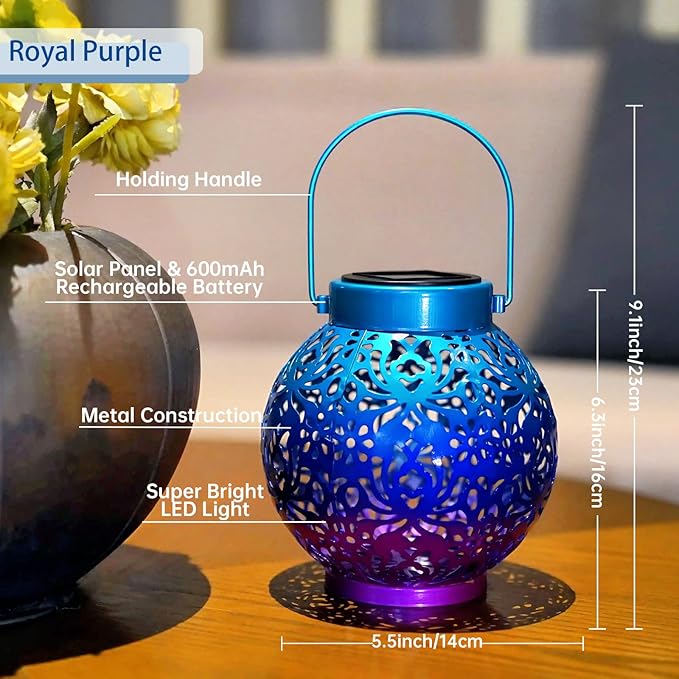 2 Pack Outdoor Solar Hanging Lantern Lights Metal LED Decorative Lamp for Garden Patio Courtyard Lawn and Table with Hollowed-Out Design (Royal Purple)-VerdiqueGarden
