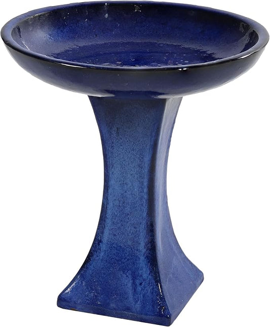 Sunnydaze Ceramic Bird Bath for Outside - 16" H - UV- and Frost-Resistant - Pedestal Bird Bath - Blue Glazed Bowl - Blue Glaze Finish-VerdiqueGarden
