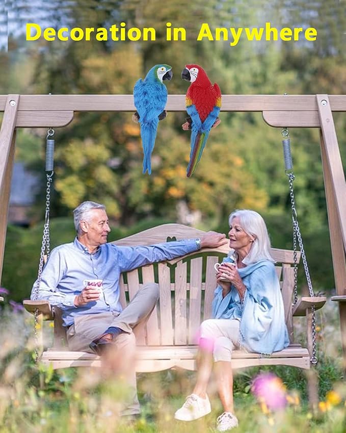 2Pcs Large Resin Parrot Decor Statues Lifelike Hawaiian Tropical Birds Decor, 12.5" Fake Parrot for Tiki Decoration Outdoor Garden Tree Wall Pool Macaw Statues Bird Lover Ornament Gifts(Blue and Red)-VerdiqueGarden