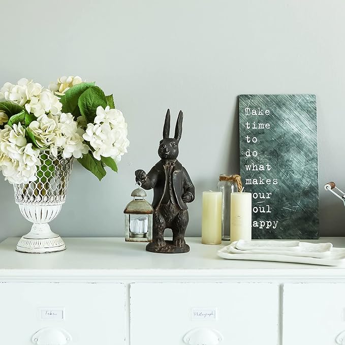NIKKY HOME Easter Bunny Decorations, Vintage Resin Bunny Figurine with Lantern, Metal Rabbit Tealight Candle Lantern Holder Rabbit Outdoor Statues Gift for Garden Home-VerdiqueGarden