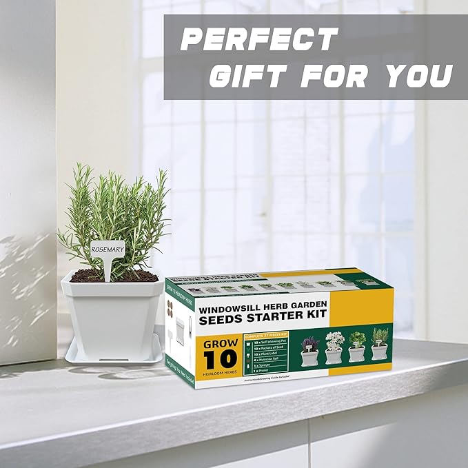 10 Herb Seeds Garden Starter Grow Kit with White Pots, Markers, Nutritional Soil, Watering, Herb Clipper, Complete Indoor Potted Plant Growing Set for Kitchen DIY-VerdiqueGarden