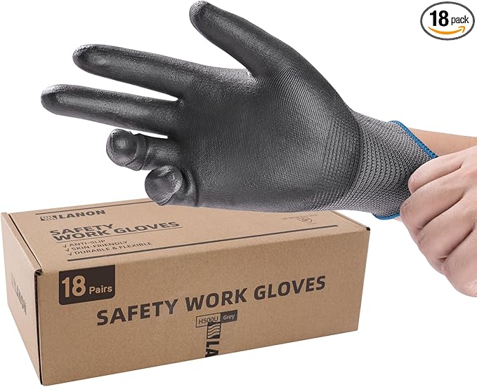 LANON 18 Pairs Safety Work Gloves, Mechanic Working Gloves for Men,Breathable PU Coated, Seamless Knit,Double Wash, Grey, Medium-VerdiqueGarden