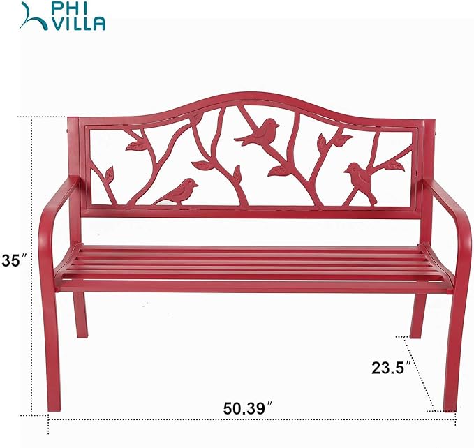 PHI VILLA Outdoor Patio 50" Metal Park Bench Red, Steel Frame Bench with Backrest and Armrests for Porch, Patio, Garden, Lawn, Balcony, Red Bird-VerdiqueGarden