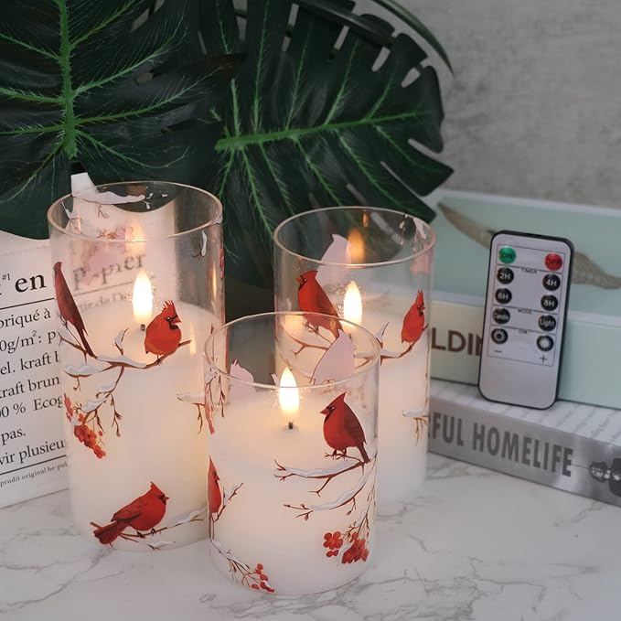 Red Bird Glass Battery Operated LED Flameless Candles with Remote Timer, Real Wax LED Candles Warm Color Flickering Light for Festival Wedding Home Party Decor(Pack of 3, 3”x4”5”6”)-VerdiqueGarden