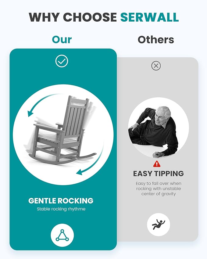 SERWALL Oversized Outdoor Rocking Chair Set of 2, HDPE Rocker for Adults, Patio Rocking Chairs for Porch, Sliver Gray-VerdiqueGarden