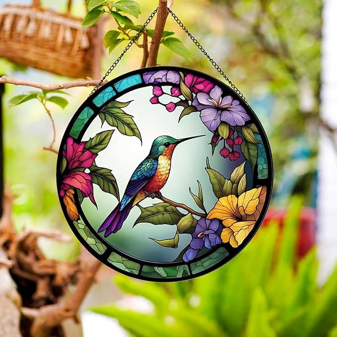 Hummingbirds and Flowers Pattern Hanging Stained Glass Suncatcher,Stained Glass Suncatchers for Windows,20cm/7.87inch Hand-Painted Sun Catcher Garden Painted Glass Panel Decor Themed Gift-VerdiqueGarden