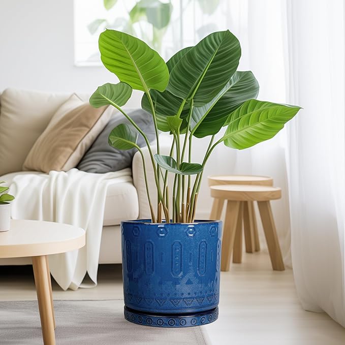 10 Inch Plant Pot - Ceramic Planter Outdoor Plant Pot Indoor with Drainage Holes and Saucer Large Flower Pot Round Decorative Planter for Garden Patio Decor Blue-VerdiqueGarden