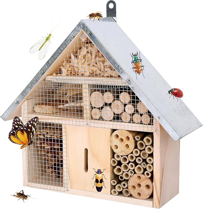antiai Wooden Mason Insect Bee Butterfly House,Insect Hotel,an Outdoor Hanging Bamboo Habitat for Ladybugs Live,Bee Box,Butterfly Habitat for Garden,12.4 x 12 x 3.9 Inch-VerdiqueGarden