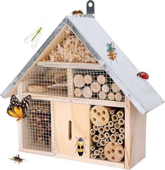 antiai Wooden Mason Insect Bee Butterfly House,Insect Hotel,an Outdoor Hanging Bamboo Habitat for Ladybugs Live,Bee Box,Butterfly Habitat for Garden,12.4 x 12 x 3.9 Inch-VerdiqueGarden
