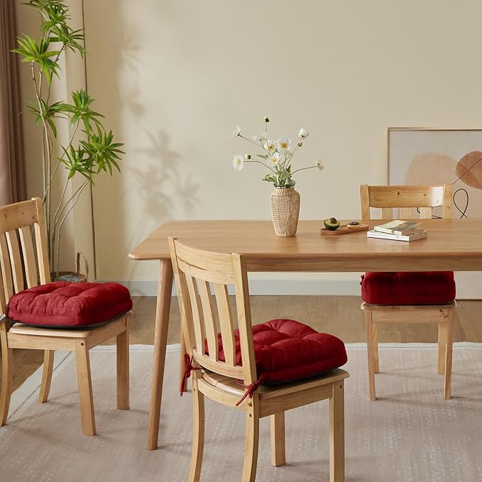 Chair Cushions for Dining Chairs, Dining Chair Cushions, Tufted Indoor Chair Pads with Ties & Non Slip Backing, Seat Cushions for Kitchen Chairs 16.5” x 16.5” x 3.5”, Set of 4, Red-VerdiqueGarden