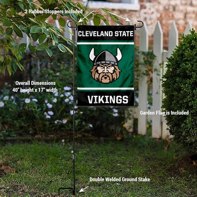 College Flags & Banners Co. Cleveland State Vikings Garden Flag with Stand Holder-VerdiqueGarden