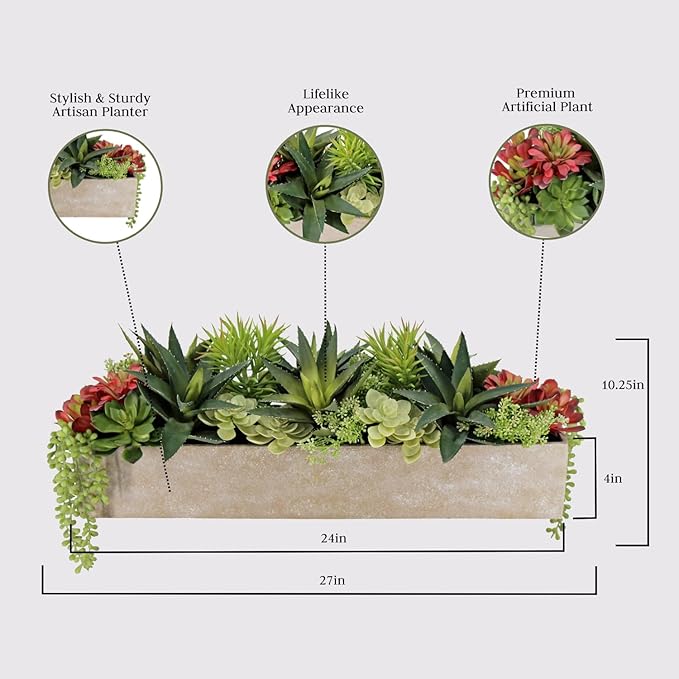 Oblong Faux Succulent Arrangement, 27" Premium Artificial Indoor Plant Enhances Interior Design, Display on any Surface in Your Home Adding an Inviting Touch of Nature, Natural Planter Pot Included-VerdiqueGarden