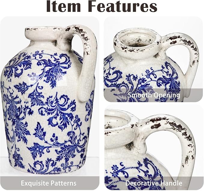 Ceramic Rustic Farmhouse Vase, 9 inch Ceramic Blue and White Vase for Centerpieces Pampas Grass Pottery Jug with Handle Boho Chinoiserie Decor Vintage Vases for Living Room Kitchen Dinner Table Shelf-VerdiqueGarden