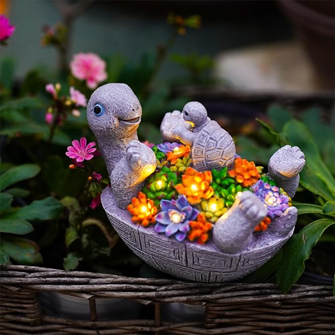 Solar Turtle Figurines Garden Decor, Cute Turtle Statue with Baby with 8 LED Solar Lights Garden Lawn Decorations for Patio & Yard, Gifts for Mom-VerdiqueGarden