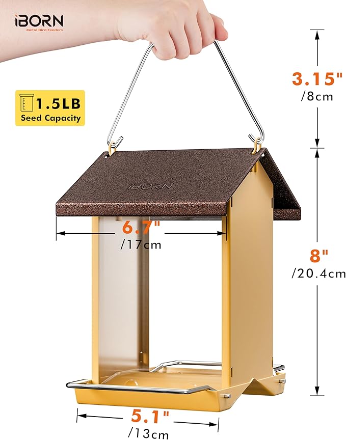 iBorn Bird Feeders for Outdoors,Bird House Feeder with Weatherproof Metal Roof & 8 Drain Holes,Fully Detachable Birdfeeder Design,Easy Clean & Refill,Chew-Proof PC Windows,1.5 Lbs Capacity,Coffee Roof-VerdiqueGarden