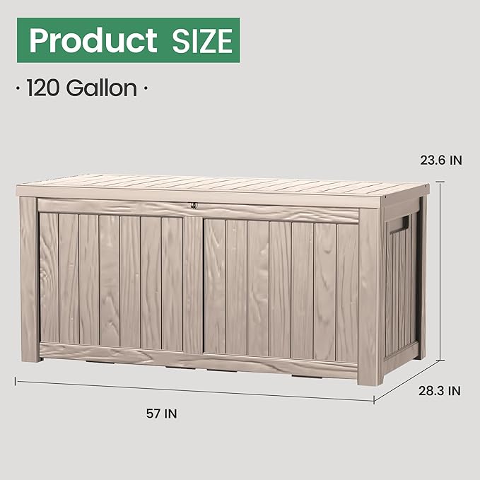 120 Outdoor Storage Box, Waterproof Resin Deck Box for Indoor & Outdoor Use, Lockable Storage Bench with Piston Hinge, Storage Bin for Patio Cushions, Garden Tools, Package Delivery, Grey-VerdiqueGarden