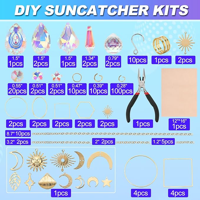HYBEADS 200 pcs DIY Sun Catchers Making Kits Craft for Adults Crystal Suncatchers Supplies Stained Glass Window Hanging Prism Indoor Outdoor Garden Xmas Decor with Rainbow Maker Pendants Chains-VerdiqueGarden