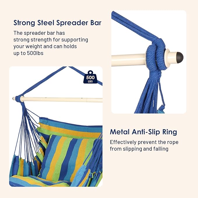 Highwild Hammock Chair Hanging Rope Swing - Max 500 Lbs - 2 Cushions Included - Steel Spreader Bar with Anti-Slip Rings - for Any Indoor or Outdoor Spaces (Blue Striped)-VerdiqueGarden