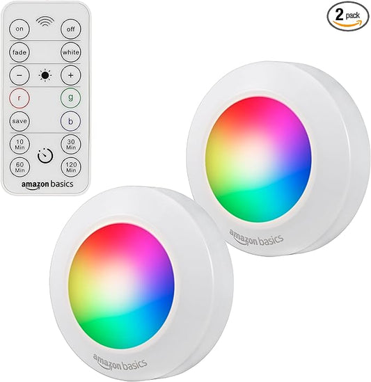 Amazon Basics LED Puck Lights, Color Changing, Battery Operated, IR Remote, 40 Lumens, 2 Pack, Wireless Stick on Lights, Under Cabinet Lighting, Ideal for Closets, and More, White-VerdiqueGarden