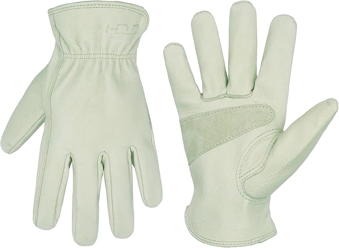 HLDD HANDLANDY Leather Work Gloves for Men & Women, Adjustable Wrist Cowhide Gardening Glove with Reinforced Palm for Driver-VerdiqueGarden