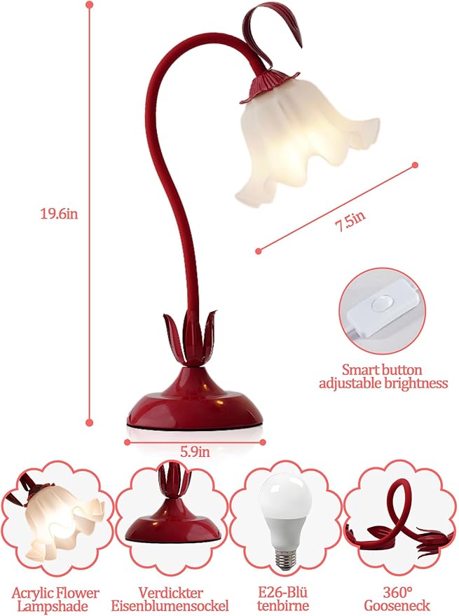 Flower Table Lamp,LED Reading Light Bedside Vintage Flower Night Light,3 Colors Modes Kawaii Bedside Lamps Decor,Living Room Bedroom Room Lighting Table Lamps Home Decoration (Red)-VerdiqueGarden