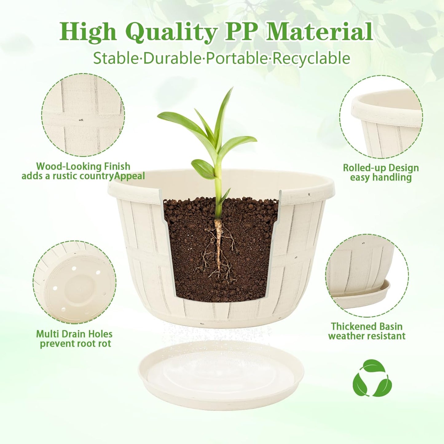 Quarut 12 Inch Large Planter Pot for Plants Indoor Outdoor, 4 Pack Plastic Flower Pots with Drainage Hole & Tray, Modern Decorative Garden Pot with Saucer, Plant Container for House（White）-VerdiqueGarden