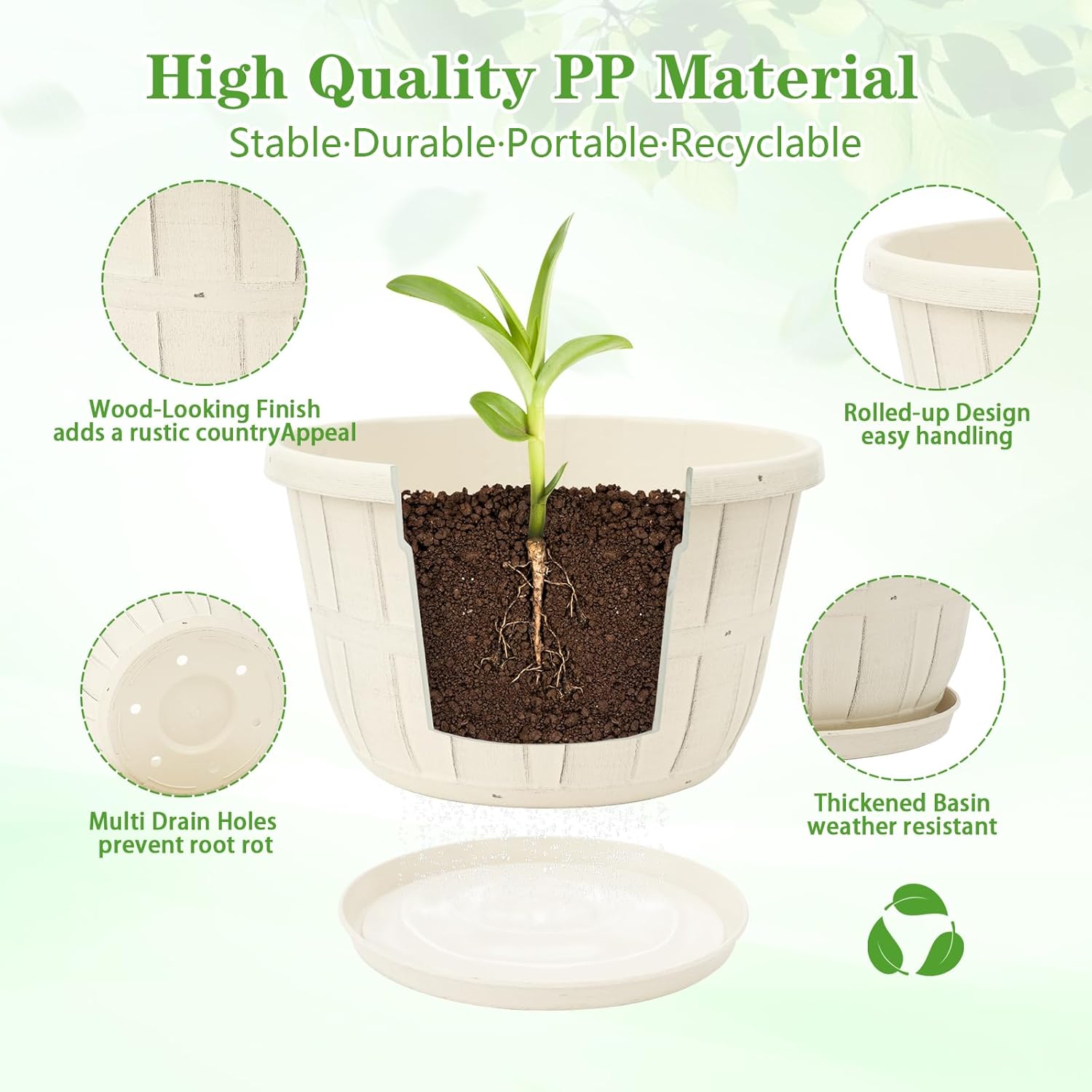 Quarut 12 Inch Large Planter Pot for Plants Indoor Outdoor, 4 Pack Plastic Flower Pots with Drainage Hole & Tray, Modern Decorative Garden Pot with Saucer, Plant Container for House（White）-VerdiqueGarden