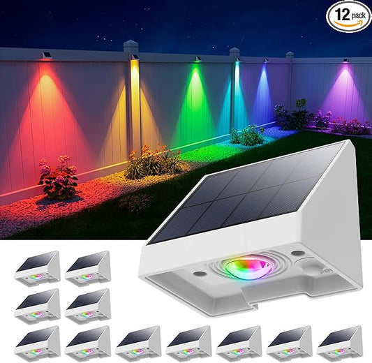 12 Pack Color Changing Solar Powered Fence Lights Outdoor Decorative LED Waterproof Yard Lighting for Outside Wall, Deck, House Patio, Rail, Backyard, 8 Colorful Modes, Easy Install (White Shell)-VerdiqueGarden