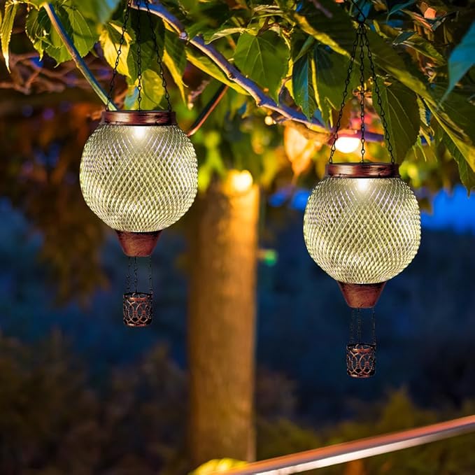 Starsoul 2 PC Cage Hot Air Balloon Solar Lantern with Flame Glass Outdoor Hanging Hot Air Balloon Solar Light Lamp Waterproof Garden Patio Yard Party Decorations-VerdiqueGarden