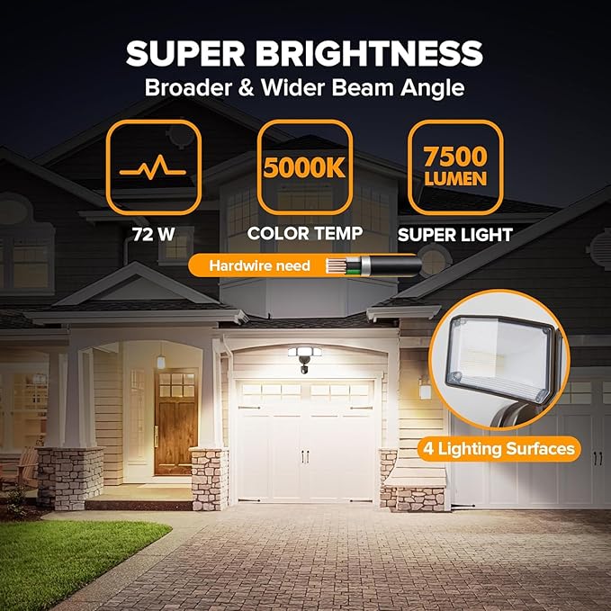 LUTEC 72W 7500LM LED Security Lights Motion Sensor Light Outdoor, 5000K Daylight, IP65 Waterproof, Dusk to Dawn, 3-Head Motion Detected Flood Light for Garage, Yard, Porch(Brown)-VerdiqueGarden
