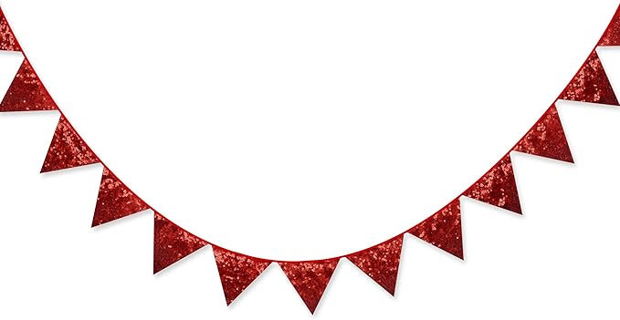 Pinkblume Red Decorations Double Sided Sequin Fabric Triangle Pennant Banner Flag Bunting Garland for Theme Nursery Classroom Home Bedroom Wall Valentines Day Holiday Christmas Decor-VerdiqueGarden