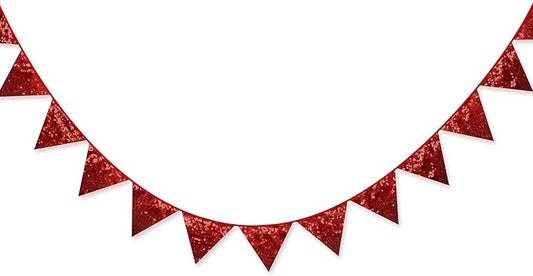 Pinkblume Red Decorations Double Sided Sequin Fabric Triangle Pennant Banner Flag Bunting Garland for Theme Nursery Classroom Home Bedroom Wall Valentines Day Holiday Christmas Decor-VerdiqueGarden