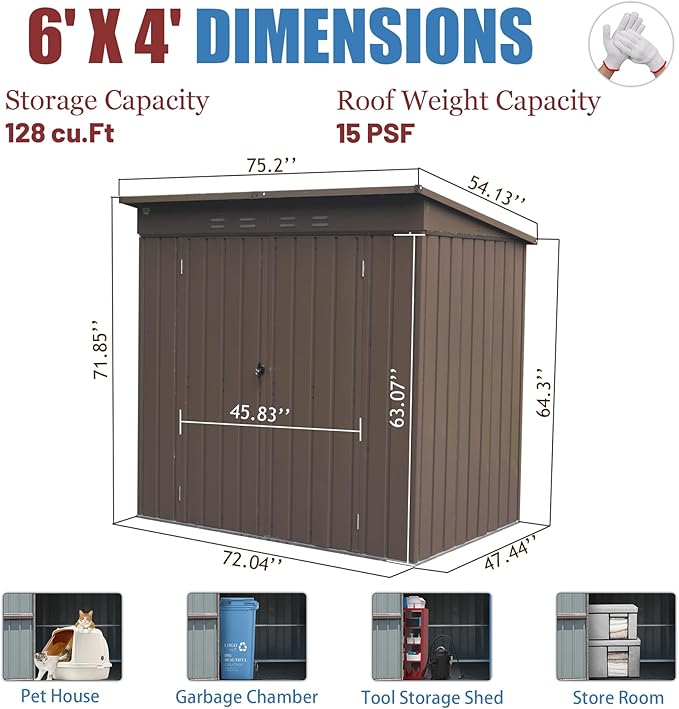 Domi Outdoor Storage Shed 6' x 4.5’, Metal Garden Shed with Galvanized Steel Frame for Bike, Tools, Lawn Mowers, Pool Toys, Outdoor Storage Cabinet with Lockable Door for Garden Lawn Patio (Brown)-VerdiqueGarden