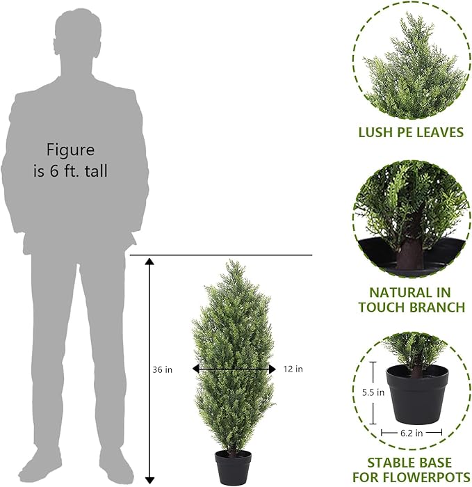 THE BLOOM TIMES 3ft Topiary Trees Artificial Outdoor 2 Pack – UV Resistant Faux Cedar Pine Cypress Bushes and Shrubs, Fake Potted Plants for Front Porch Outside Planter Patio Decor, Set of 2 (3 Foot)-VerdiqueGarden